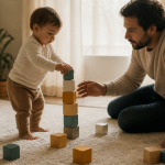 16 mois bebe empile cubes avec parent