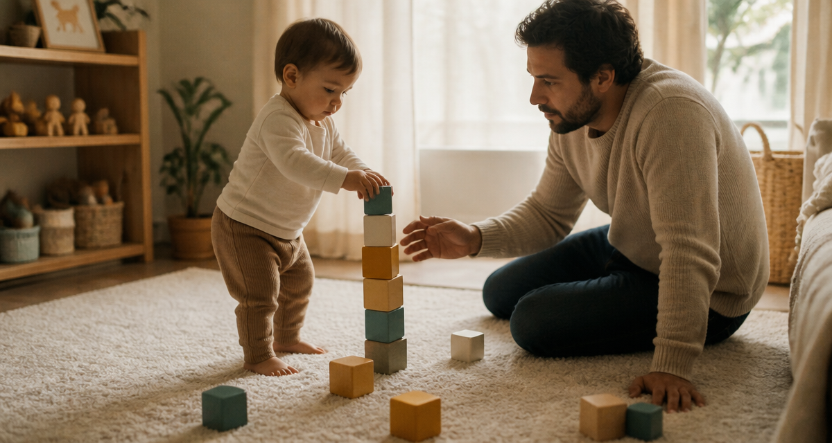 16 mois bebe empile cubes avec parent