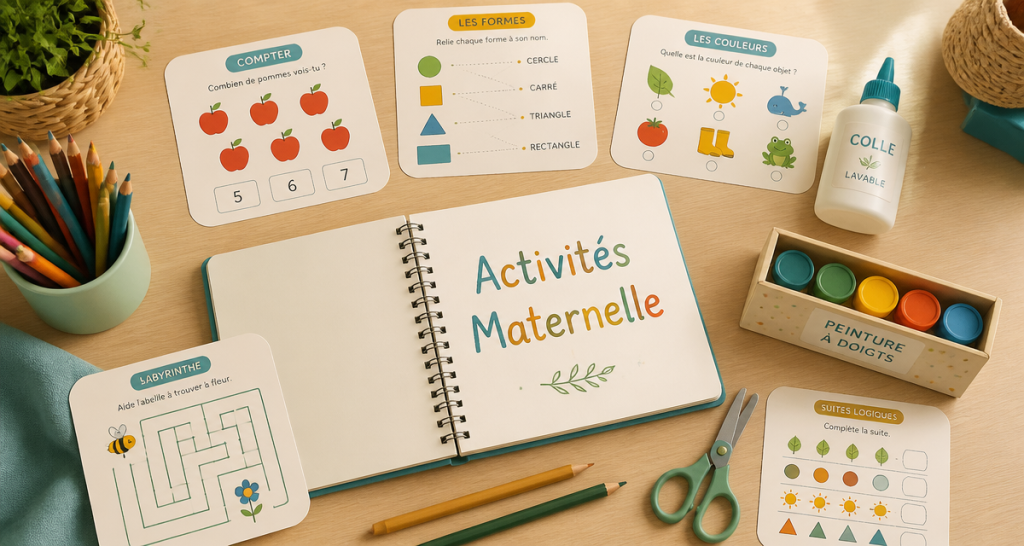 Bureau d'activité maternelle avec fiches et fournitures