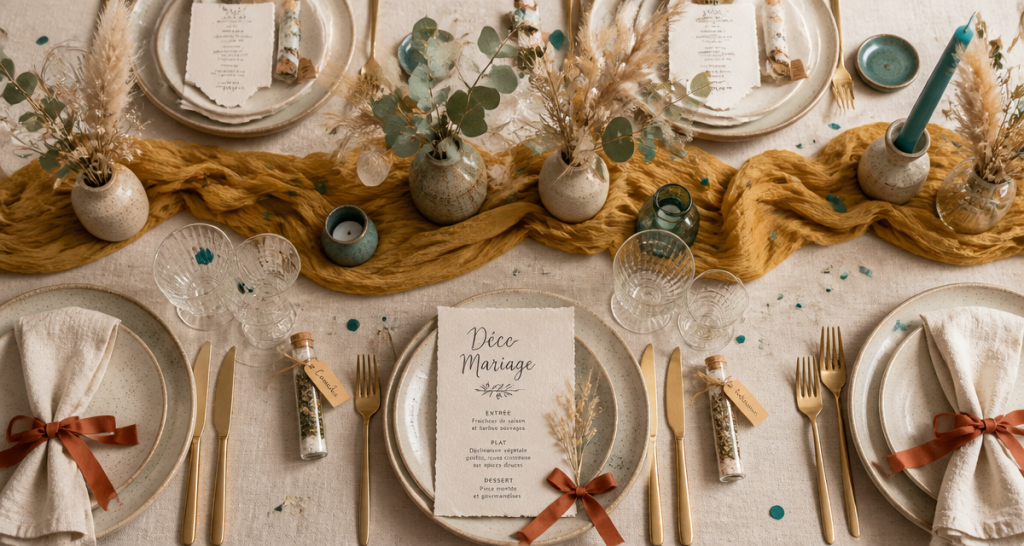Decos de mariage table élégante avec fleurs et accessoires