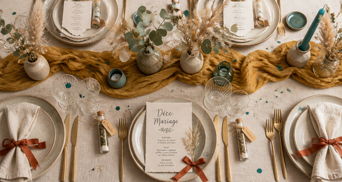 Decos de mariage table élégante avec fleurs et accessoires
