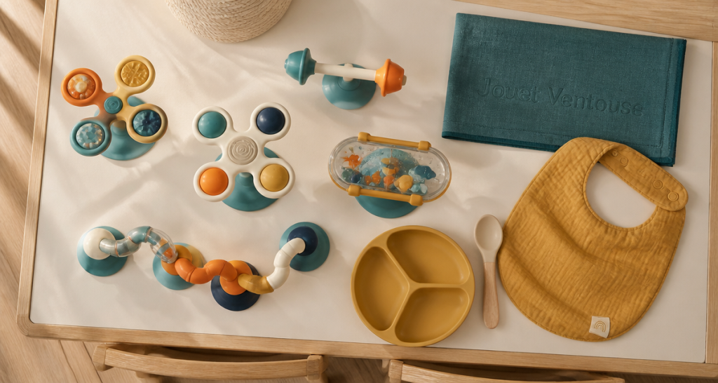 Jouet ventouse bebe sur table repas