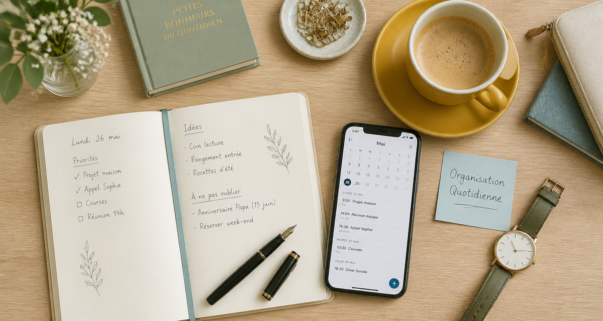 Organisation quotidienne sur bureau avec carnet et café