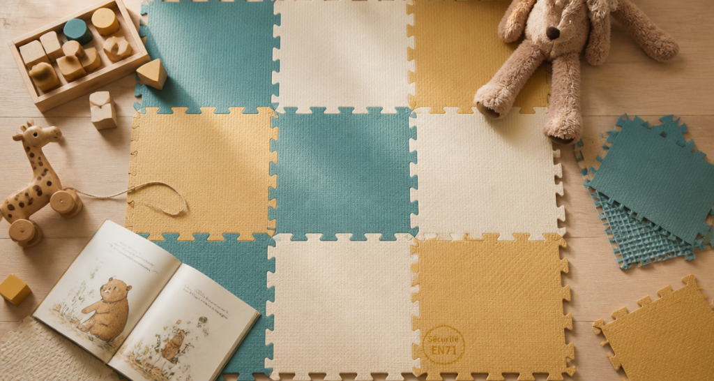 Puzzle tapis mousse assemblé avec jouets sur parquet