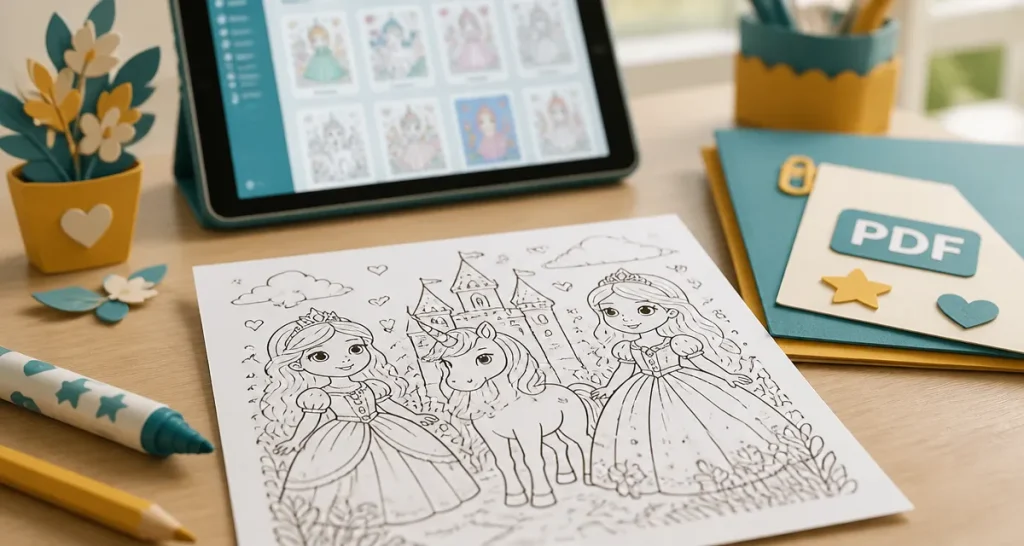 Coloriage à imprimer pdf fille : princesse et licorne à colorier