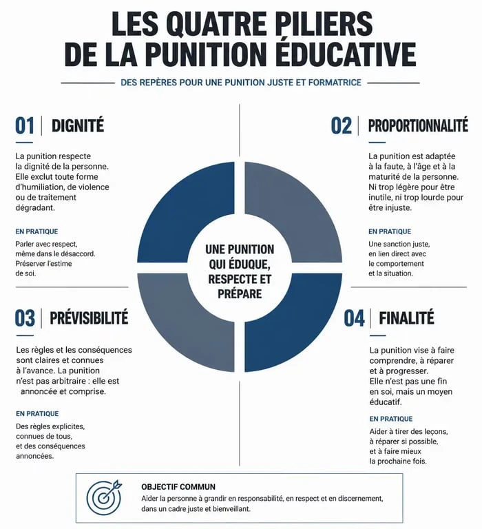 Infographie des quatre piliers de la punition éducative pour un exemple de punition éducative réussie