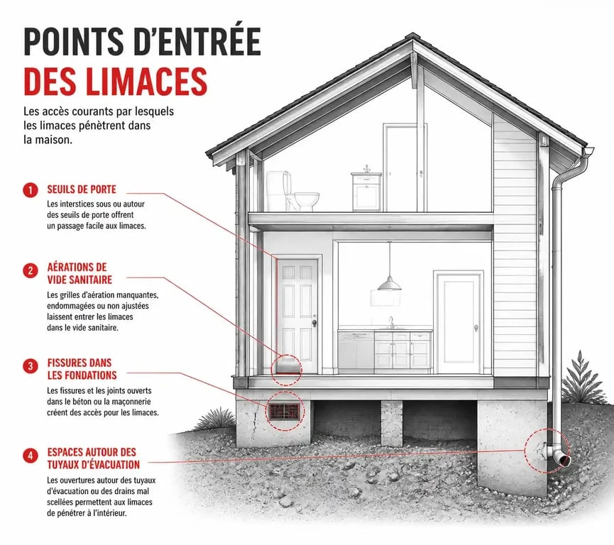 Schéma illustrant les points d'entrée des petites limaces noires dans une maison