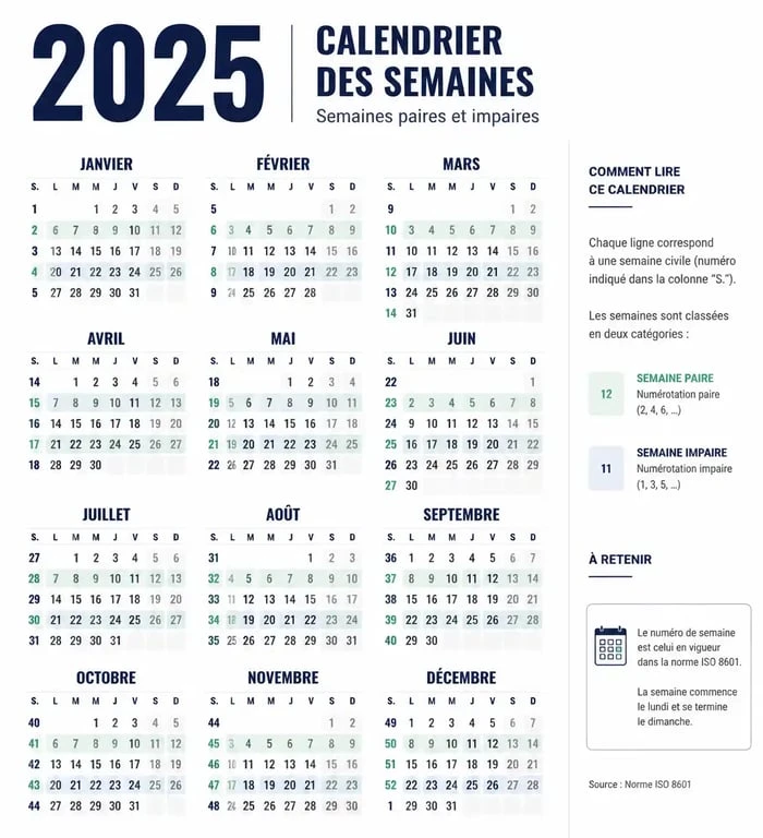 Calendrier 2025 semaine paire et impaire, infographie de planification annuelle