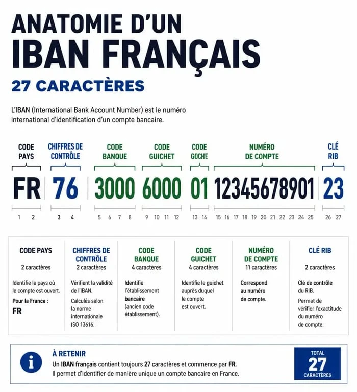 Schéma explicatif de la structure d'un IBAN français pour vérifier un RIB