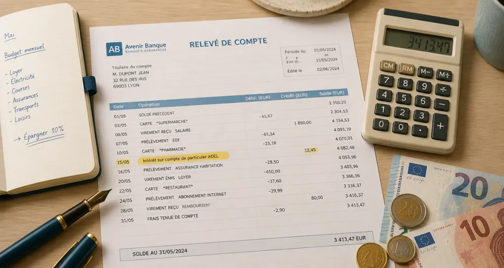 interet sur compte de particulier adel sur relevé bancaire