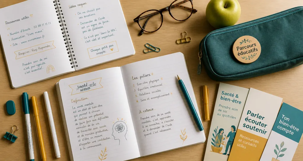 vue flat-lay bureau élève parcours éducatif