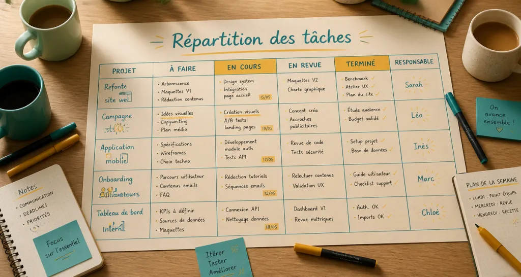 tableau de répartition des taches manuscrit sur bureau