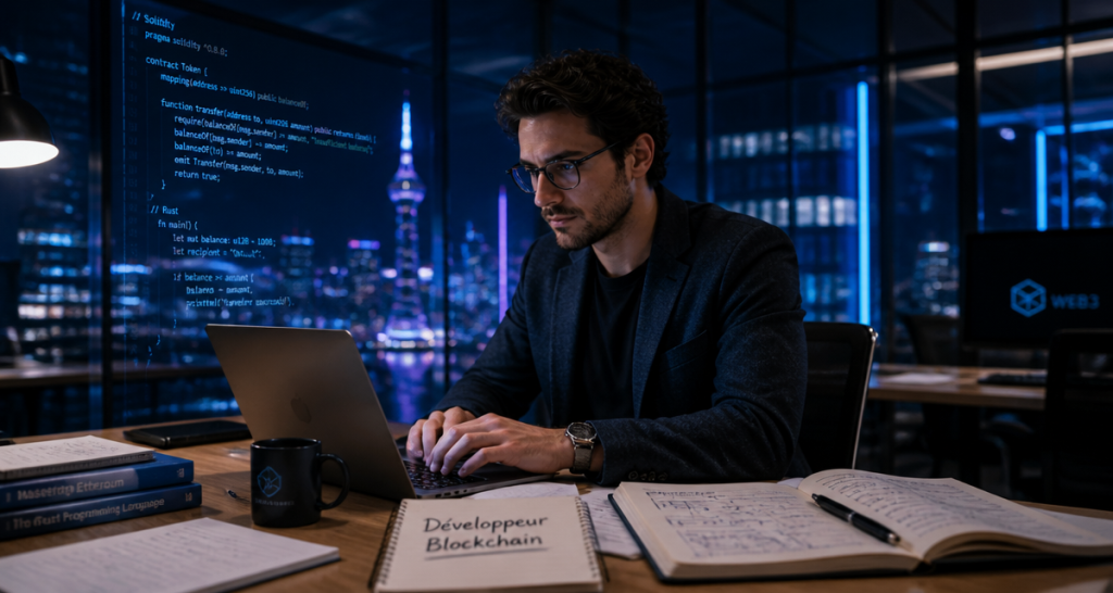 développeur blockchain travaillant sur ordinateur portable