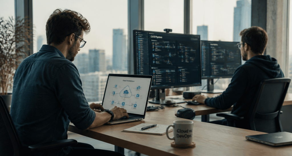 ingénieur cloud et devops au travail open space