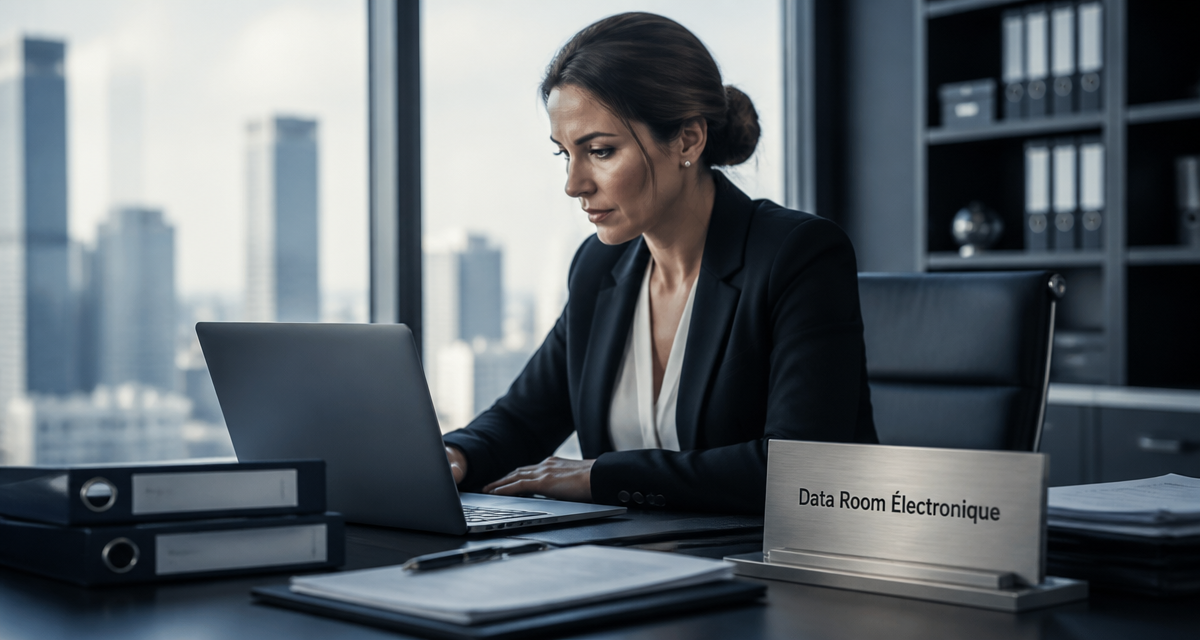 Femme utilisant une data room électronique