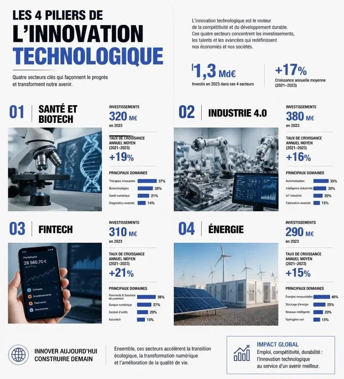 Infographie sur les secteurs clés de l'innovation technologique et leur impact sur la société