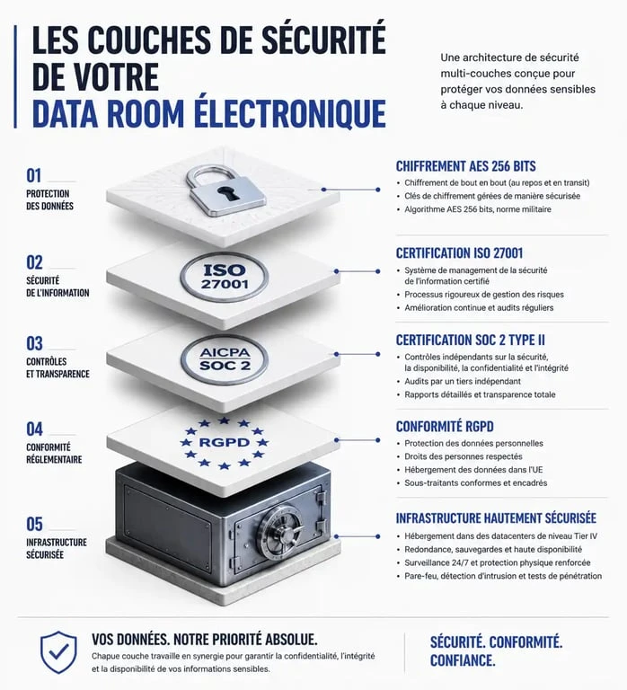 Infographie des couches de sécurité et certifications d'une data room électronique pour la due diligence.