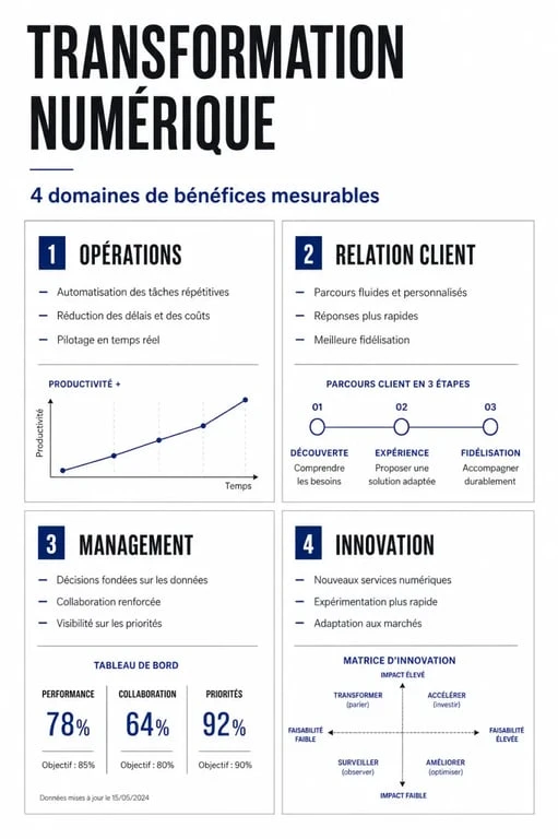 Infographie des bénéfices de l'entreprise numérique sur les opérations, la relation client, le management et l'innovation.