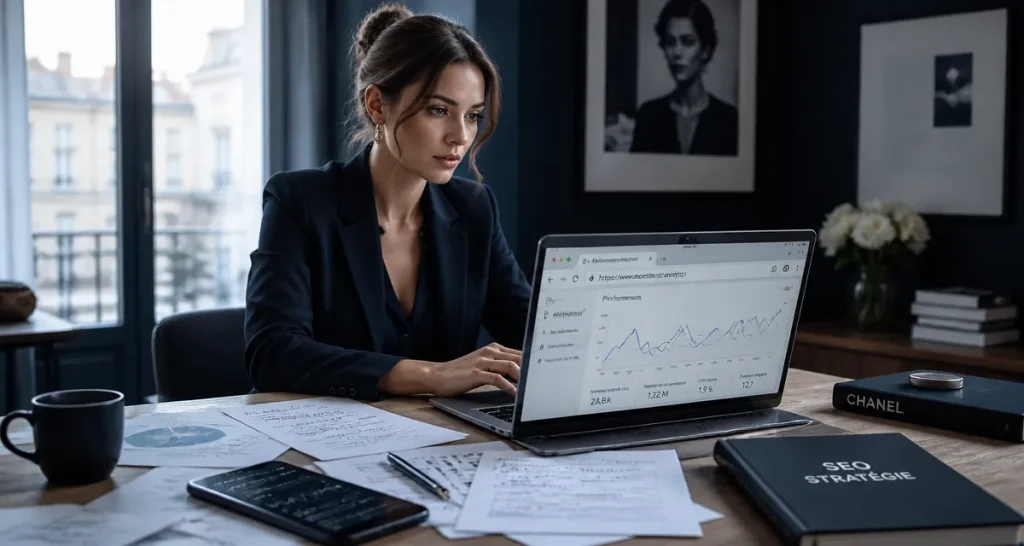 Consultante referencement naturel SEO analyse ordinateur