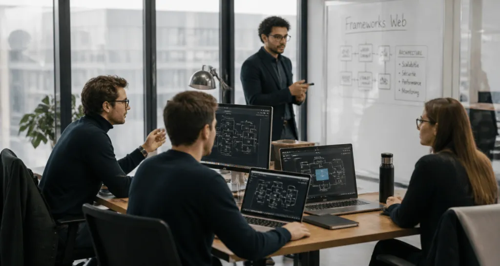 Développeurs discutant web application framework autour d'une table