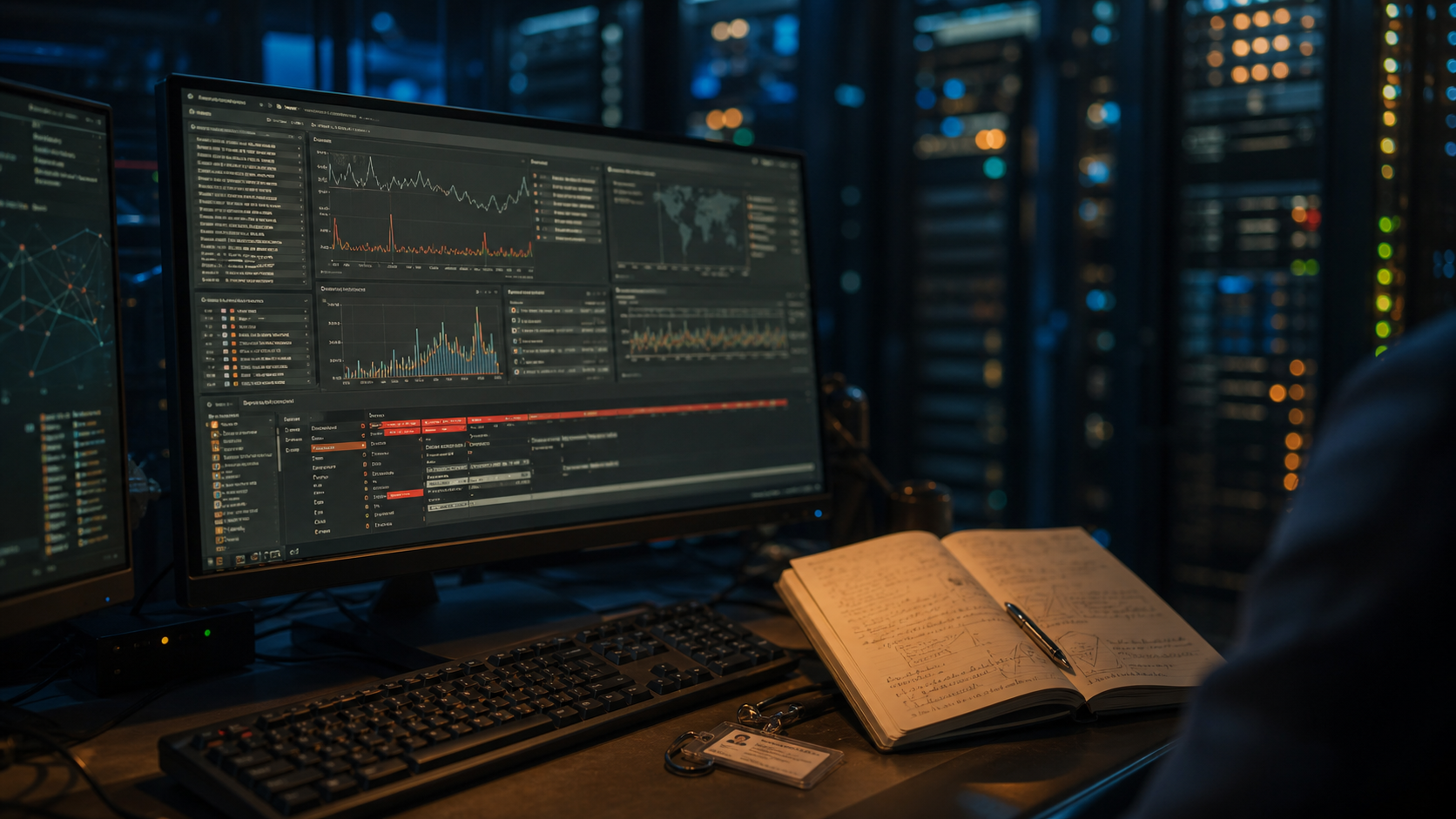 Observabilité informatique : logs, métriques et traces sur tableau de bord en salle Ops