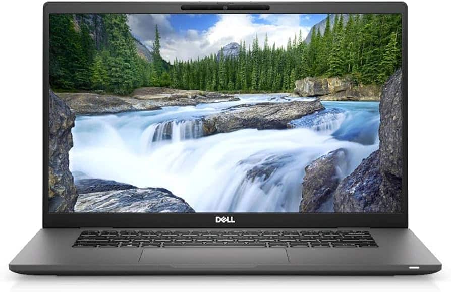 Ζωντανή εικόνα καταρράχη σε οθόνη laptop Dell με τοπίο φύσης.