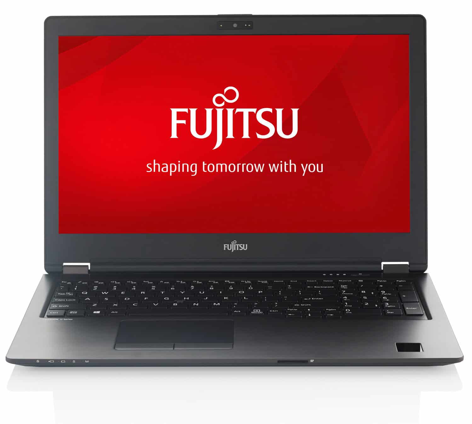 Φορητός υπολογιστής Fujitsu με οθόνη και πληκτρολόγιο, διαφημίζεται από την Techstar.