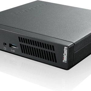 Υπολογιστής Lenovo ThinkCentre μικρός τυπωμένος σε μαύρο σκληρό κουτί, ιδανικός για εργασίες και παιχνίδι.