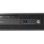 Επιτραπέζιος υπολογιστής HP EliteDesk με USB, DVD, ηχεία και θήκη εργασίας.