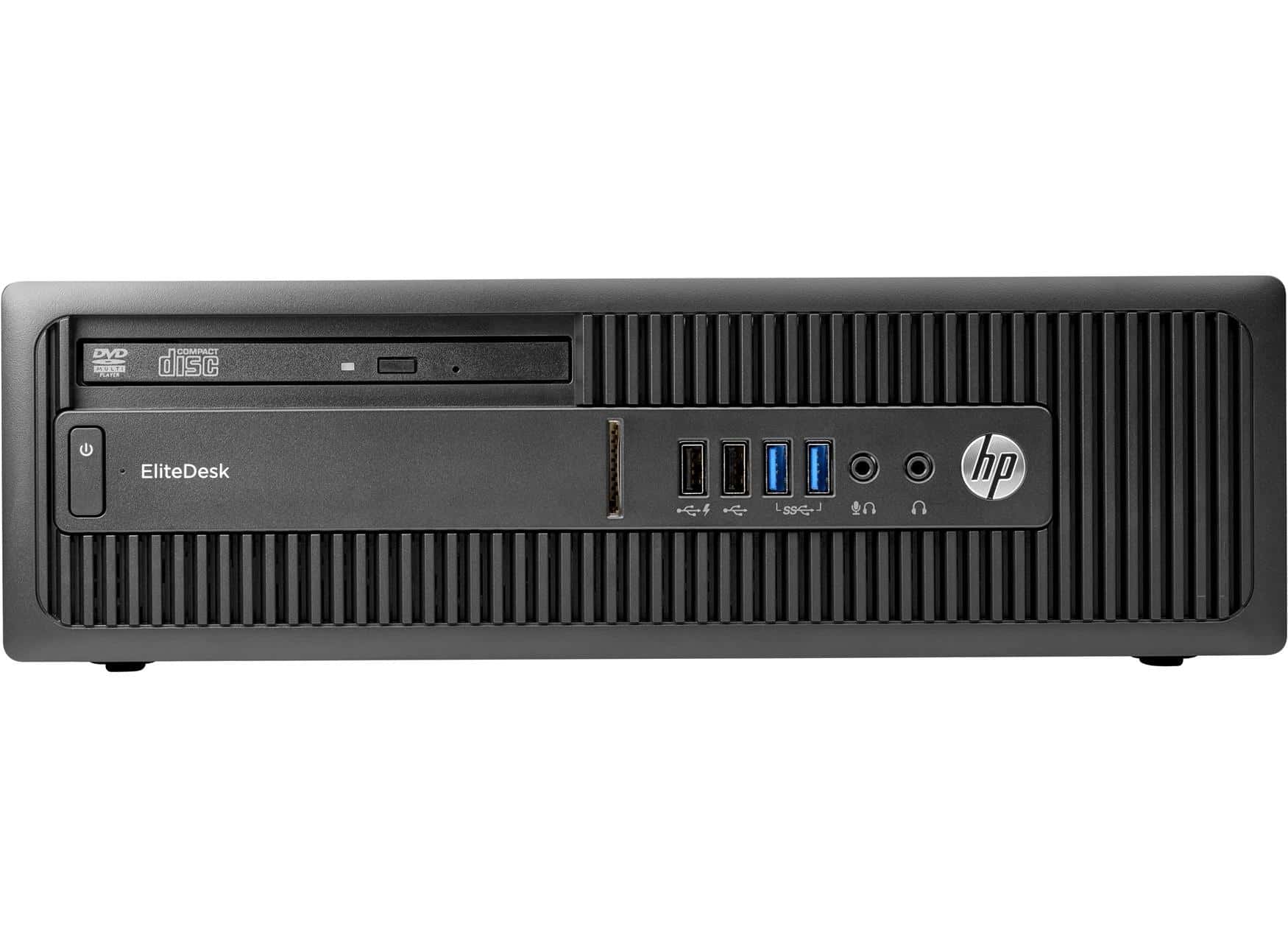 Επιτραπέζιος υπολογιστής HP EliteDesk με USB, DVD, ηχεία και θήκη εργασίας.