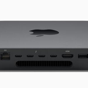 Επεξεργαστής Mac Mini με πολλές θύρες και λειτουργίες, σε γκρι χρώμα.