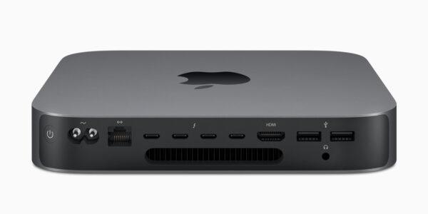 Επεξεργαστής Mac Mini με πολλές θύρες και λειτουργίες, σε γκρι χρώμα.