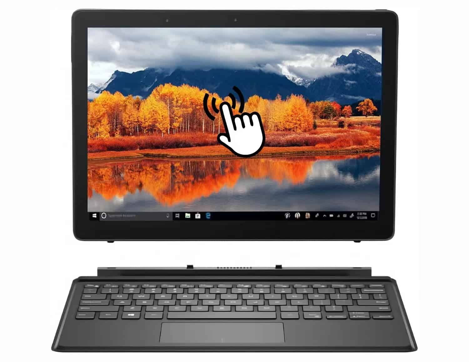 Οθόνη υπολογιστή με φθινοπωρινό τοπίο και εικονίδιο αφής σε προώθηση τεχνολογικών προϊόντων.