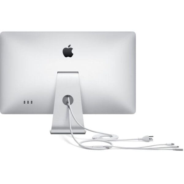 Πίσω μέρος υπολογιστή Apple με καλώδια, βίντεο και θήκη.