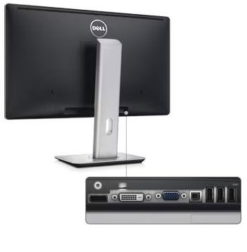 Πληροφοριακή οθόνη υπολογιστή Dell με θήκη και θύρες σύνδεσης.