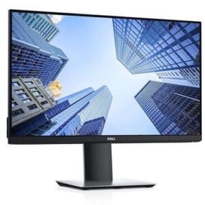 Οθόνη υπολογιστή Dell σε αστικό τοπίο μεγάλων κτιρίων, ιδανική για εργασία και διασκέδαση.