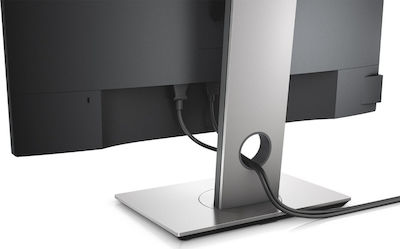 Πλαϊνή άποψη, τμήμα οθόνης υπολογιστή με βάση και καλώδια, σε μαύρο και ασημί χρώμα.