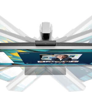 Λευκός φορητός υπολογιστής με ανοιχτή οθόνη και κινούμενα στοιχεία τεχνολογίας, προβάλλοντας τεχνολογικά προϊόντα και υπηρεσίες.