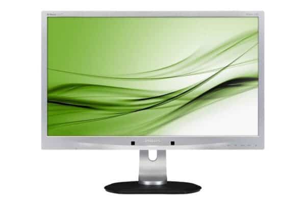 Οθόνη υπολογιστή Philips με πράσινο φόντο και λεία γραμμικά σχέδια, ιδανική για γραφίστες και gamers.