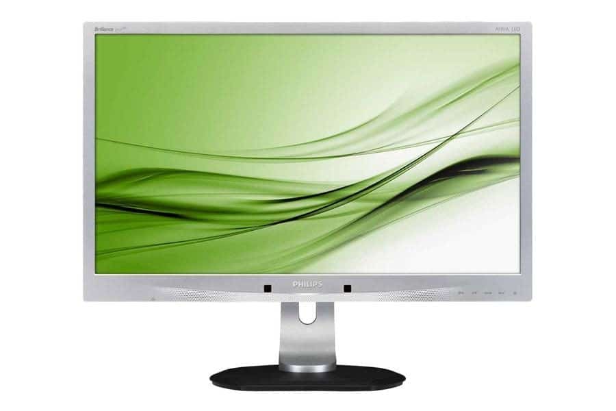 Οθόνη υπολογιστή Philips με πράσινο φόντο και λεία γραμμικά σχέδια, ιδανική για γραφίστες και gamers.