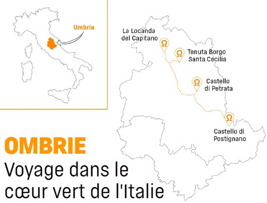la carte qui montre l'itinéraire du voyage en ombrie conseillé par teritoria