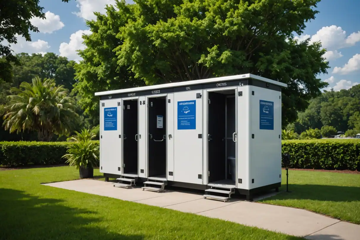Portable shower station for outdoor events in Texas.