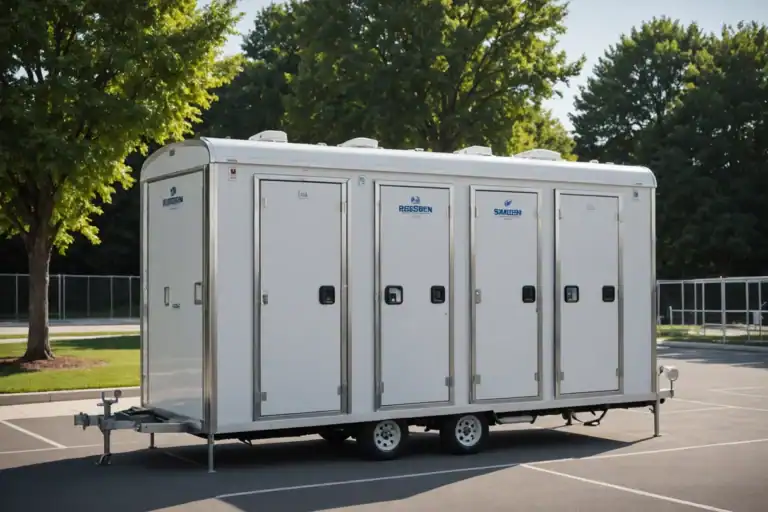 Portable restroom trailer for events in Texas, premium sanitary facilities, mobile bathroom rentals.