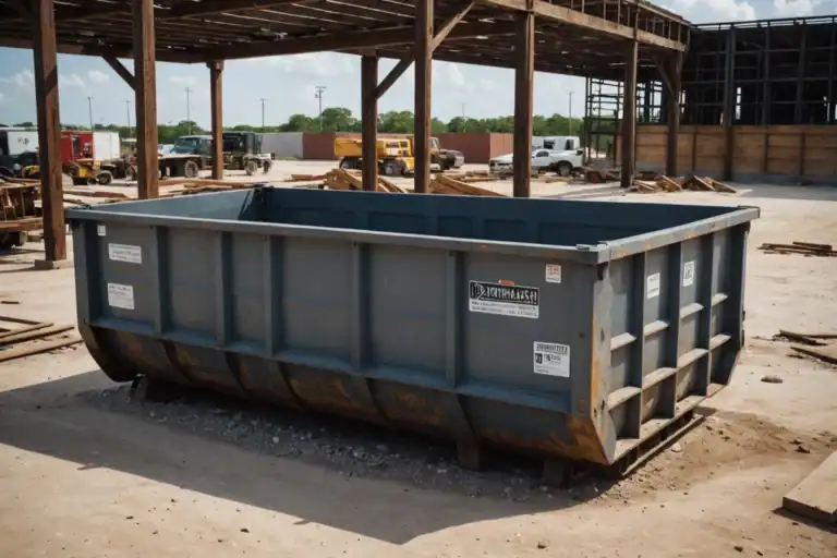 Industrial dumpster for construction waste at Texas Throne construction site.