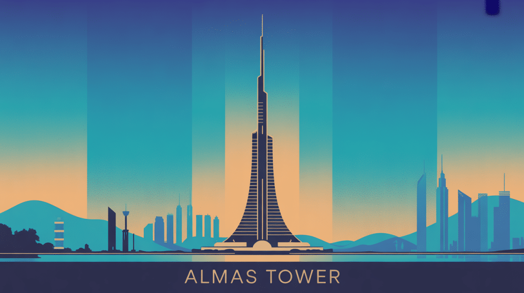 vue stylisée de almas tower in dubai sur fond doré et bleu