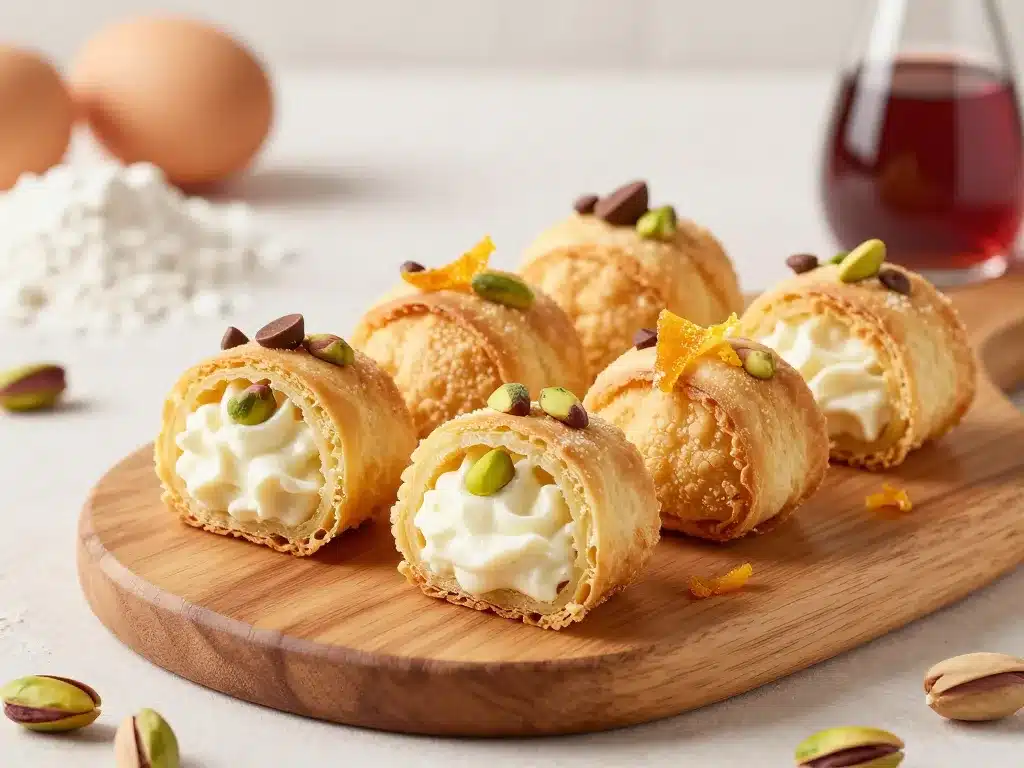 canelotto sur plat en bois avec ricotta pistache chocolat