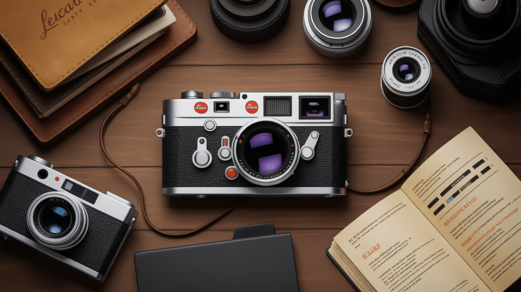 im l6 Leica M6 sur table vintage avec pellicules et objectifs