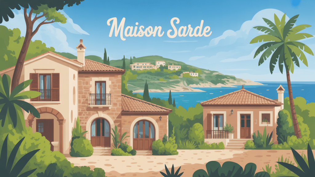 vue générale maison sarde traditionnelle avec jardin