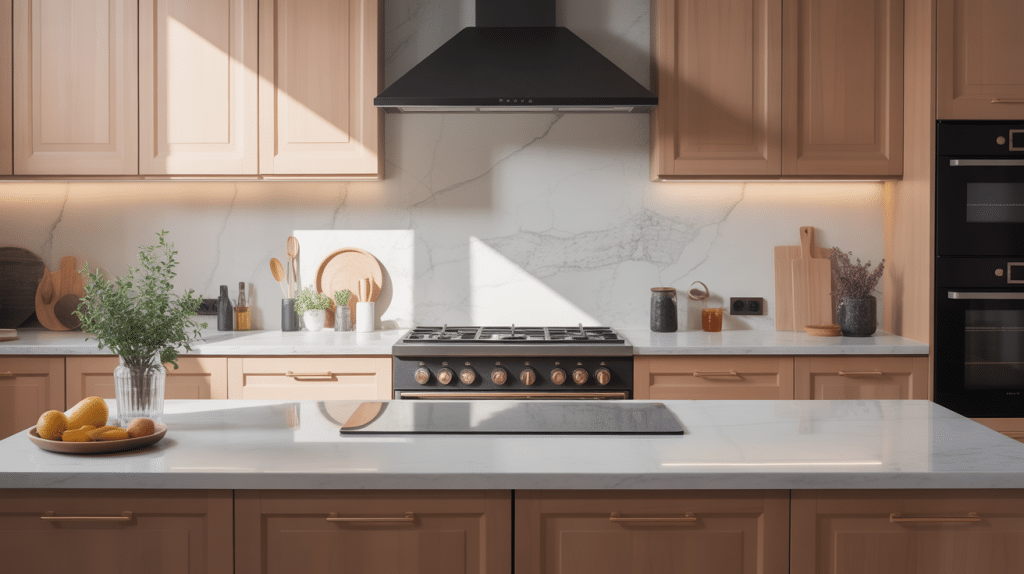 illustration quartzite plan de travail îlot cuisine haut de gamme