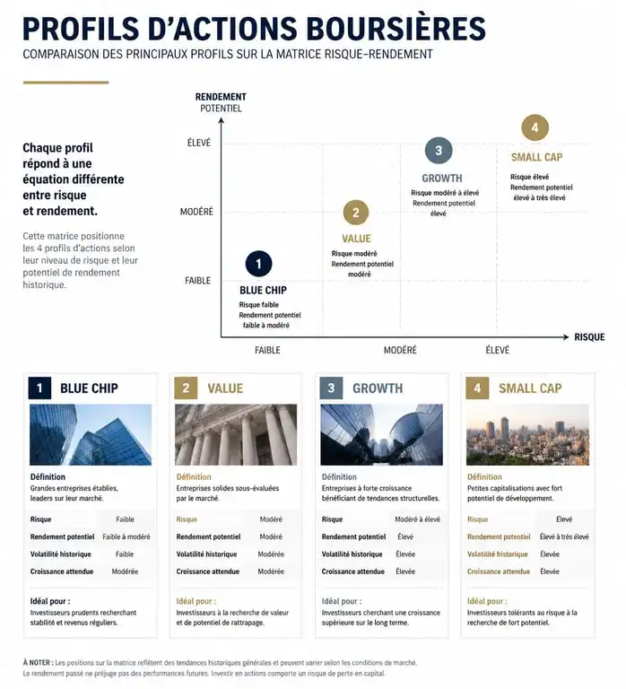 Infographie des différents types d'actions en bourse : Blue Chip, Growth, Value et Small Cap
